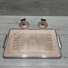Vintage Pink Guilloche Style Enamel Vanity Tray & 2x Candlesticks Dressing Table