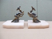 Lovely Pair Antique French Art Deco Fawn Figures  Bookends Brass  Marble Bases