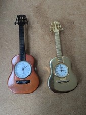 WM Widdop Vintage Miniture Gold Coloured Guitar Clock and Quartz clock.