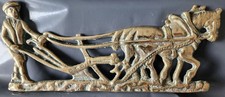 Old Brass Fireplace Mantelpiece Ornament Farmer & Horse Ploughing Retro Antique 