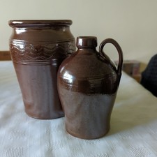 Vintage Dark Brown Lustre Glaze Stoneware - Flagon and Pot.