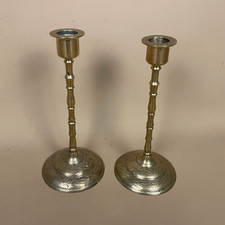 Antique Pair of Gold Brass Metal Candlestick Candle Stick Holders Engraved Set
