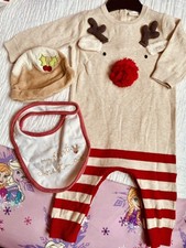 Next Baby Christmas Reindeer/ Pudding Bundle- knit suit, hat bib Up To 1 Month