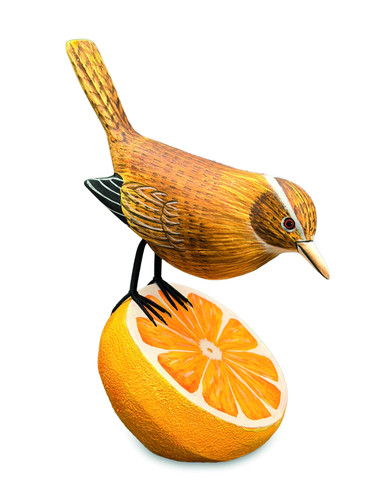 Wren eating orange wooden bird - wren,