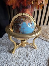 Vintage Semi Precious Gemstone Inlaid Globe Blue Brass Stand W/Compass 10inch