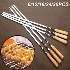 6/12/18/24/30 pcs BBQ Skewers Stainless Steel Flat Kebab Sticks w/ Wooden Handle
