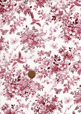 100% Cotton Interior Fabric 'Victorian Garden' Rose Pink  White Floral  & Birds