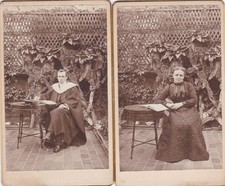 CDV PHOTO - COUPLE IN GARDEN, BOOKS,GOWN,MORTAR BOARD. TRELLIS. NO STUDIO