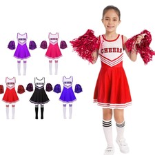 UK Kids Girls Cheerleading Costume Uniform Dress with Pom Poms Socks Outfits