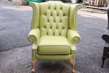 Chair Real Leather High Back Ex-Display Green/Yellow Matt Finish Solid Wood