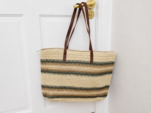 Beige brown striped straw tote - beige,