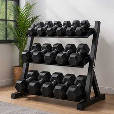 Hex Dumbbell 15kg-30kg Set & 3 Tier Rack Full Home Gym Weights Training Fitness