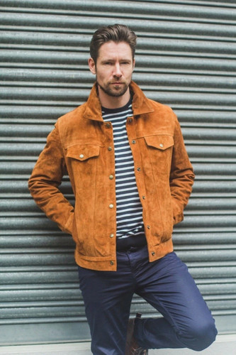 Men brown leather trucker - leather,