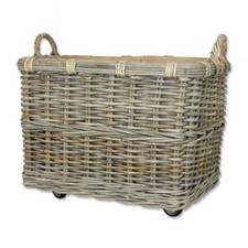 Large Rectangular Wheeled Wicker Log Basket Grey & Buff Rattan Woven Wood Store