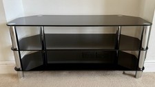  TV Stand in Black Glass, Hi FI rack with 2 Shelves and chrome  metal Legs.