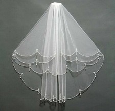 UK New 2 Layer White/Ivory Elbow Length Beads Edge Wedding Bridal Veil + Comb 