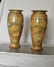 Royal Doulton 1920s Leaf Pattern Stone Wear Vase Pair Height 11 inches