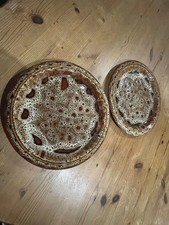 2 Vintage Fosters Pottery, dinner plates, brown honeycomb drip glaze Cornwall