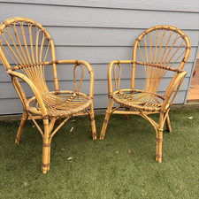 Pair Of 2 Vintage Mid Century Rattan Cane Bamboo Wicker Arm Tub Chairs Seats