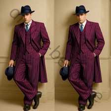 Men's Suit British Burgundy Striped Formal Business Wedding Tuxedo Long Jacket