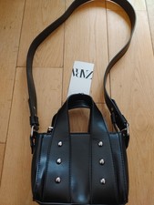 Zara Mini Tote Bag Studded Faux Leather Top Handle Crossbody Black NEW