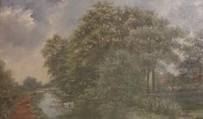 Antique oil painting Derby River Path art signed by artist N.Ford 1916