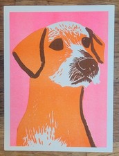 Mid Century Border Terrier Dog Riso Risograph Art Print Orange Pink 6 x 8" New