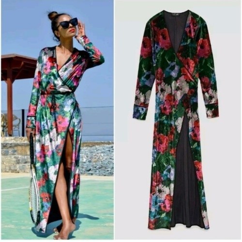 Zara green velvet floral - floral, maxi