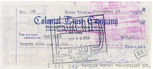 Marilyn monroe signed cheque - marilyn,