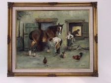 D. Long large vintage oil painting Farm scene Horse shoeing signed framed