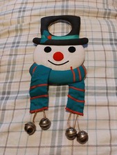 Vtg Christmas Snowman Door Hanger Decoration Padded Fabric with Bells 28cm Long 