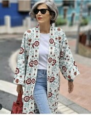 ZARA Coat Kimono Large Boho Embroidered Linen Floral Oversized Belted