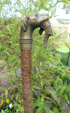 HANDCRAFTED HAZEL WALKING STICK WITH BRONZE DOG & BIRD HEAD TOP HIKING/ WALKING