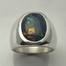 MJG STERLING SILVER MEN'S RING. 16 x 12mm  MOZAIC OPAL TRIPLET CAB.  SZ 10
