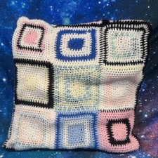 Vintage Handmade Crochet Granny Squares Cushion Cover Rainbow Bright Retro 18”