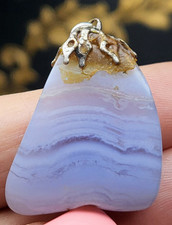 Vintage Natural Blue Lace Agate Gemstone Pendant Silver tone Jump Ring Length3cm
