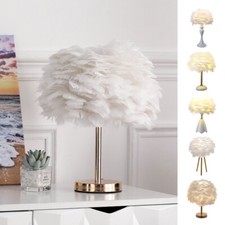 Table Lamp White Elegant Feather Fluffy Shade Desk Night Light Bedside Lampshade