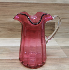Vintage Hand Blown Ruffled Rim Cranberry Glass Jug / Pitcher