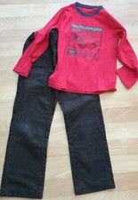 BOY'S BLACK WHITE PIN STRIPE TROUSERS 8Y DUCK & DODGE & TU RED TSHIRT 7-8