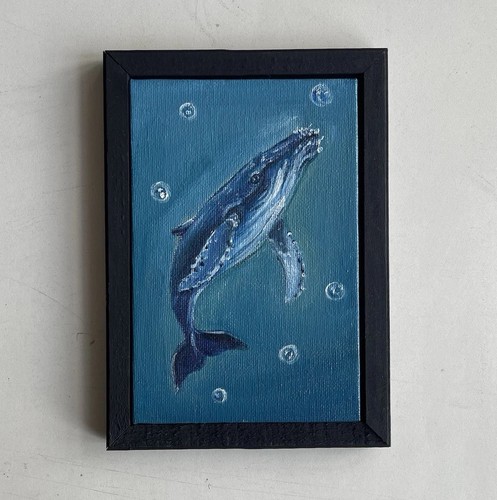 Framed blue whale oil painting - blue,