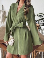Cotton Green Robe Dress Gown Size 12 14 Kimono Style Belted