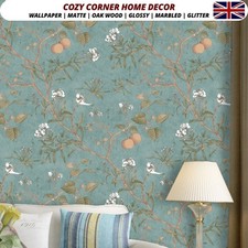 Vintage Botanical Wallpaper Roll Birds Floral Teal Green Self-Adhesive Decor