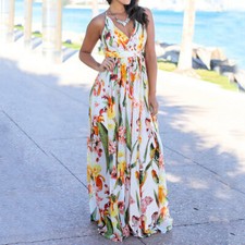 Women Summer Beach Sundress Sleeveless Long Maxi Dresses Ladies V Neck Holiday