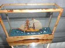 Vintage Wooden Sailing Ship In display glass case On A Wooden Pedestal