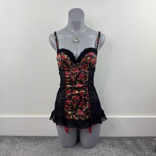 Y2K vintage lingerie babydoll floral rose satin mesh hearts frilly suspenders 