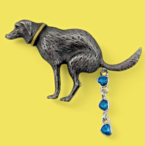 Pooping dog brooch pewter - pooping,