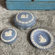 Wedgwood Blue Jasper Large Round Curvy Lidded Trinket Box Trinket Plate & Sm Pot