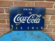 Coca-Cola Vintage Enamel Advertising Sign White On Blue 28cm X 31cm