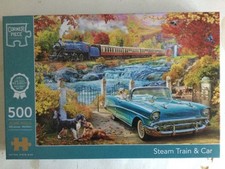 One Jigsaw Puzzle-500 pieces-Steam Train & Car-Corner Piece Complete