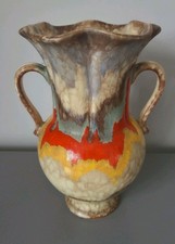 Vintage Czechoslovakian Twin Handled Urn Scallop Rim Drip Painted Porcelain Vase